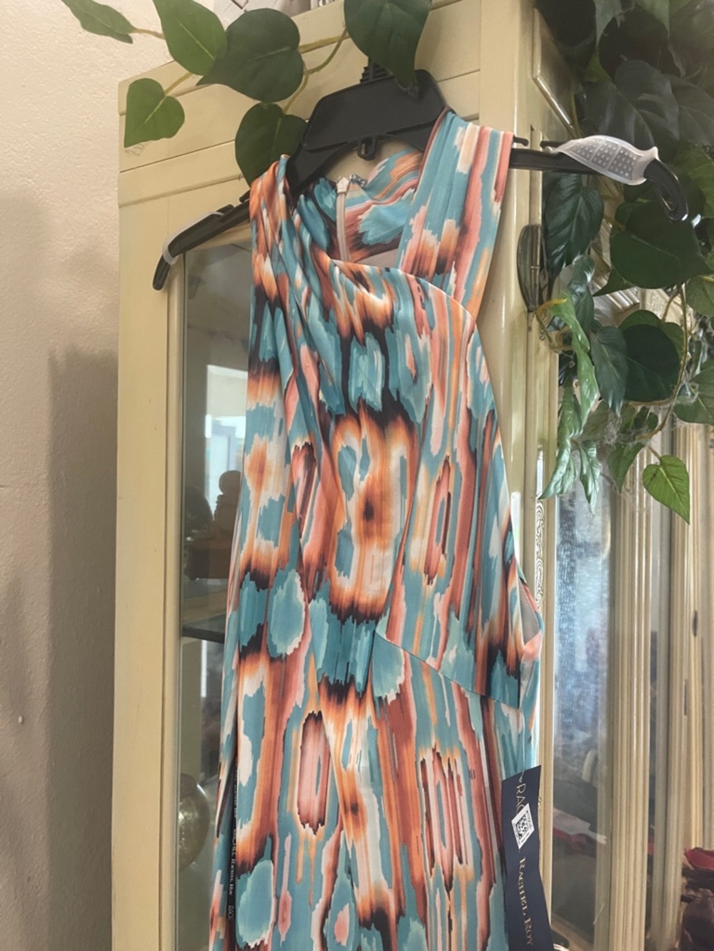Rachael Ray Maxi Dress in Teal, Coral & Cream Abstract Print